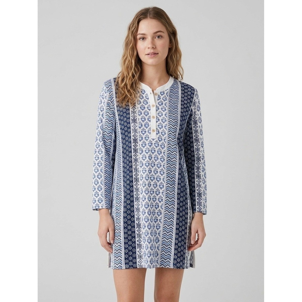 J.McLaughlin Catalina Cloth Dress XL Blue White Tile Print Henley 3/4 Sleeve